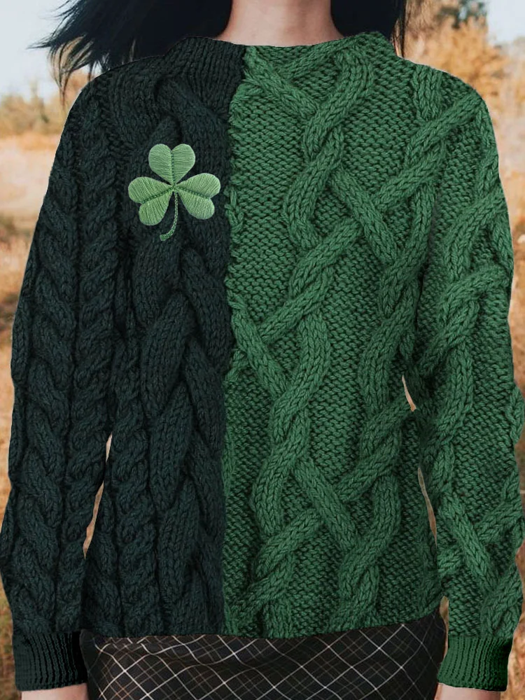 Irish Shamrock Embroidered Jacquard Cozy Knit Sweater