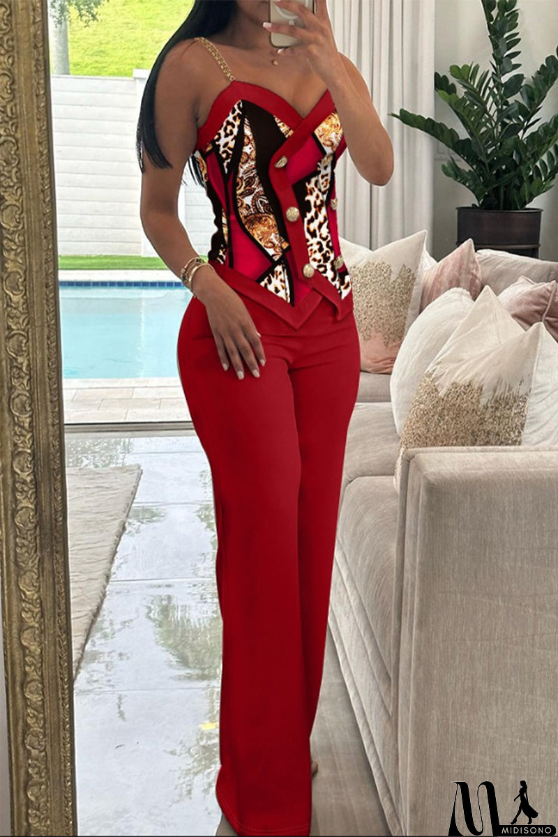 MidiSono - British Style Vintage Geometric Print Buttons Contrast V Neck Sleeveless Two Pieces