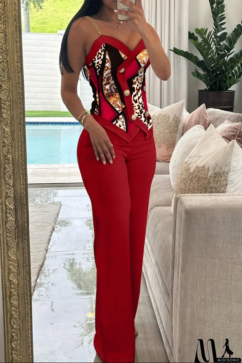 MidiSono - British Style Vintage Geometric Print Buttons Contrast V Neck Sleeveless Two Pieces