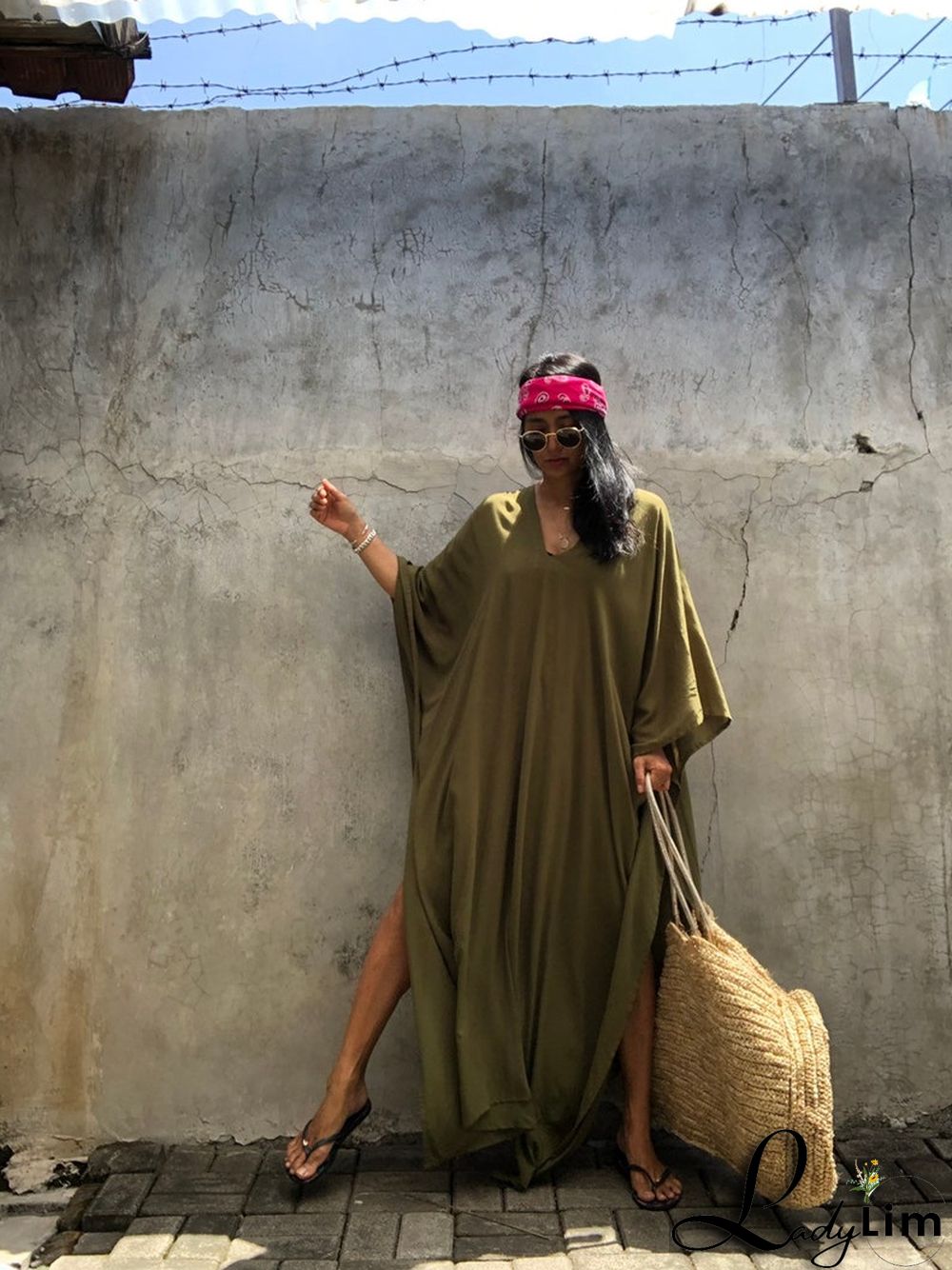 V Neck Solid Color Beach Cover Up