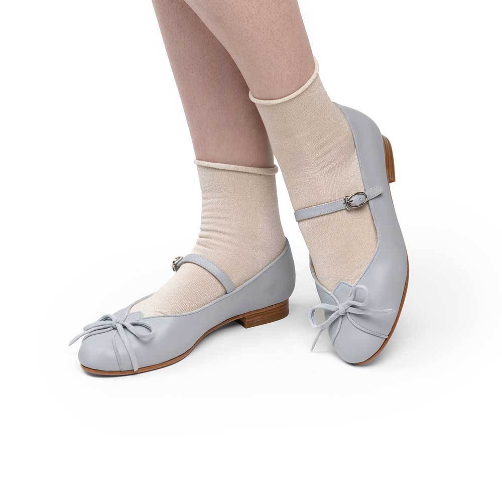 Light Blue Closed Toe Flat Bow Inlay Buckle Strap Mary Jane Shoes Nicepairs