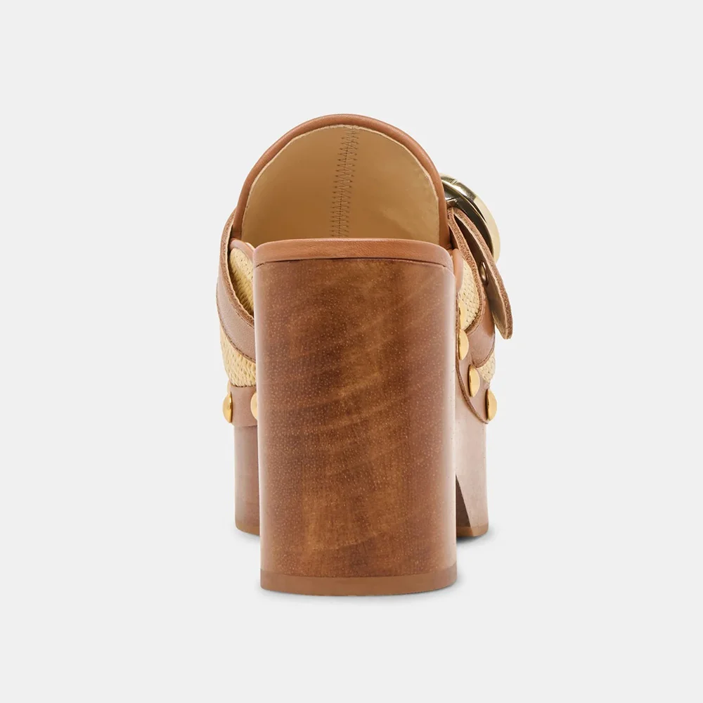 Beige Round Toe Studded Chunky Heel Buckle Strap Platform Mules