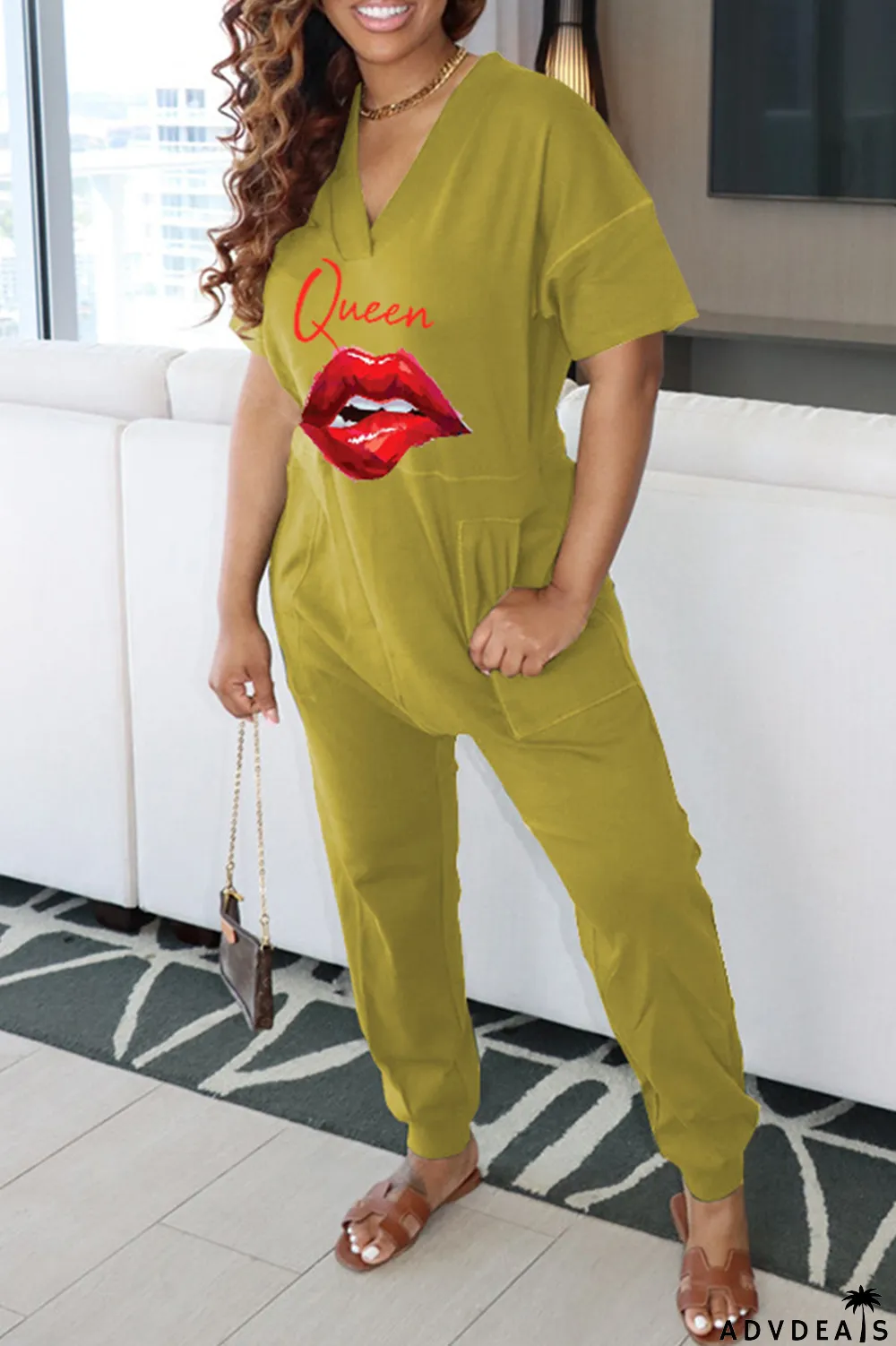 Green Fashion Casual Print Basic V Neck Regular Jumpsuits