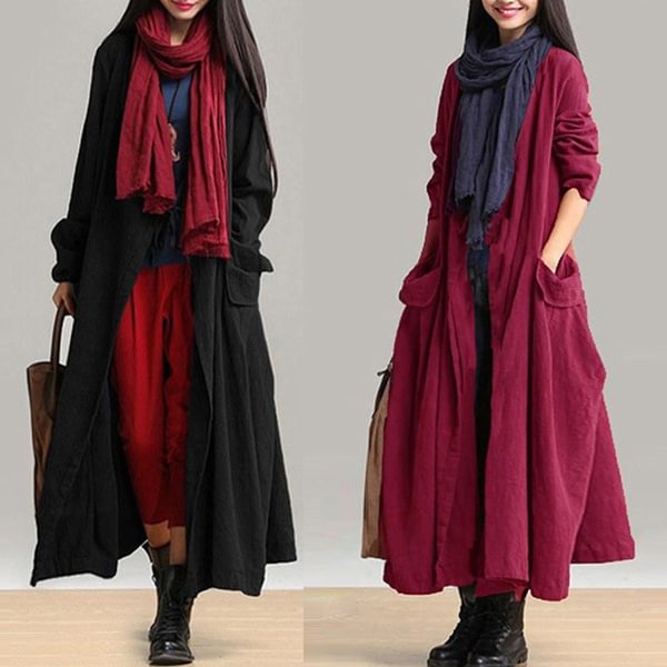 ZANZEA Women Plus Size Shirt Dress Maxi Cardigan Long Sleeve Loose Kaftan Coat Outwear Long Jacket - BlackFridayBuys
