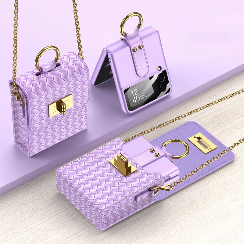 Small Sweet Wind Woven Pattern Crossbody Metal Chain Phone Bag With Electroplated Hangable Ring Kickstand Phone Case For Galaxy Z Flip3/Z Flip4