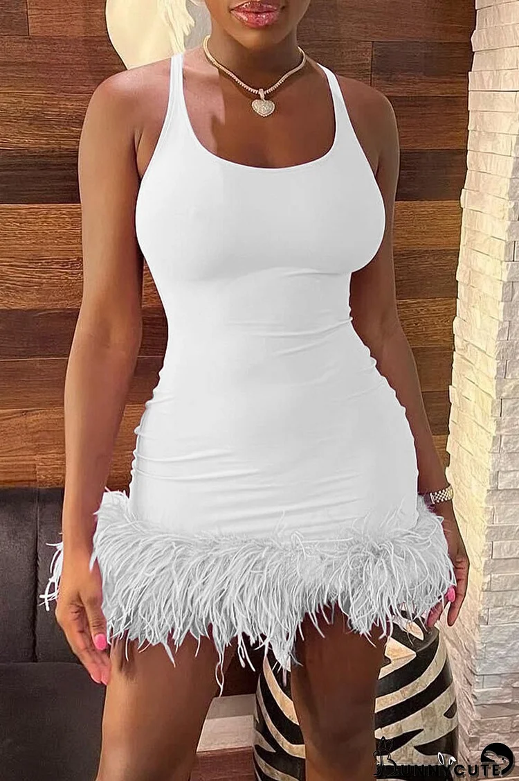 White Sexy Solid Patchwork Feathers U Neck One Step Skirt Dresses