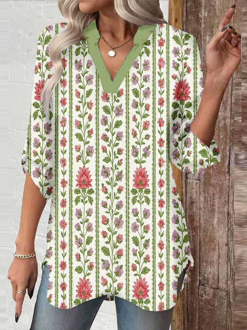 Women Floral, Leaves, Green, Red DZGA0114 3/4 Sleeve V-neck Printed Graphic Button Tops