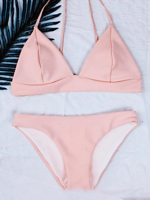 Solid Color V-Neck Triangles Split Bikini Swimsuit