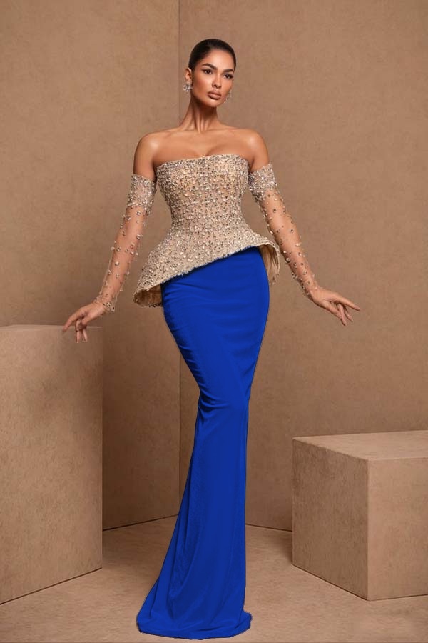 Daisda Black Sleeveless Strapless Mermaid Satin Beads Long Prom Dress With Gloves