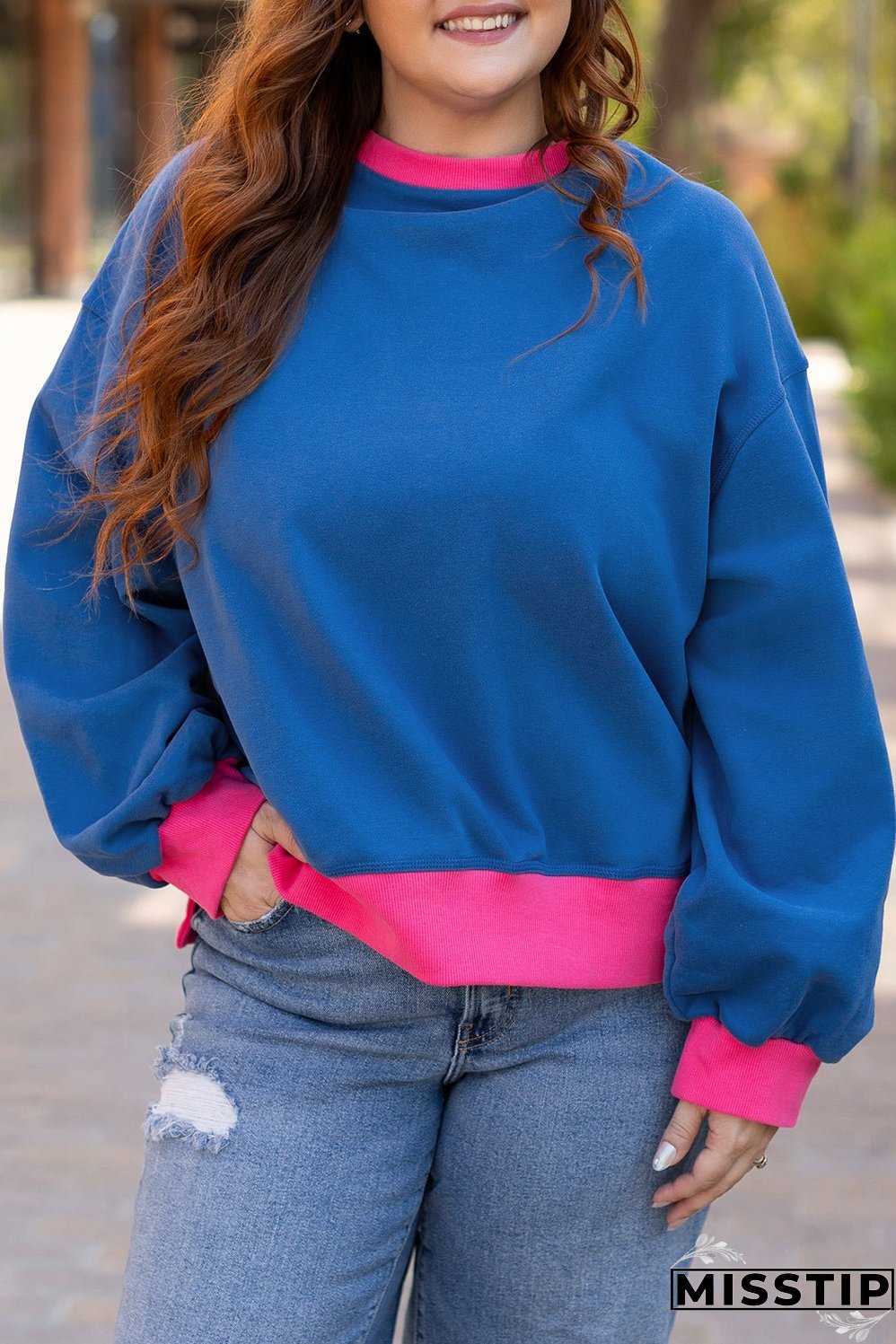 Sky Blue Color Block Edge Balloon Sleeve Plus Size Sweatshirt