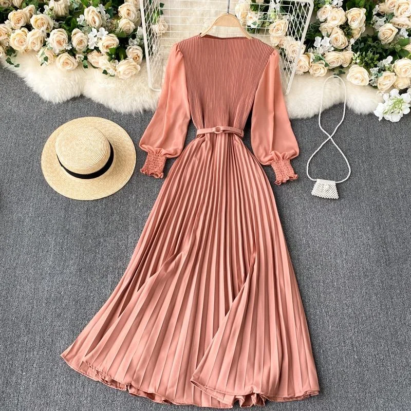 Woman Dress Elegant Office Lady Pleated Dress With Belt Round Neck Long Sleeve Long Dresses For Women Spring Autumn Clothing 1022