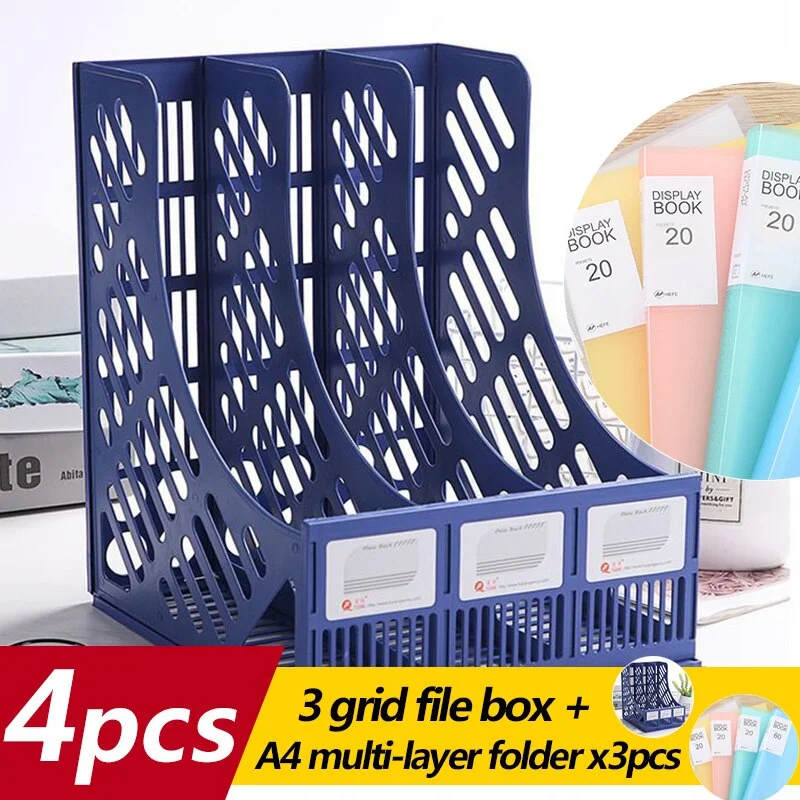 4pcs Thickened Folder Storage Box Document Holder Vertical Bookshelf Book Stand Desktop File Box Basket A4 Multilayer Stationery