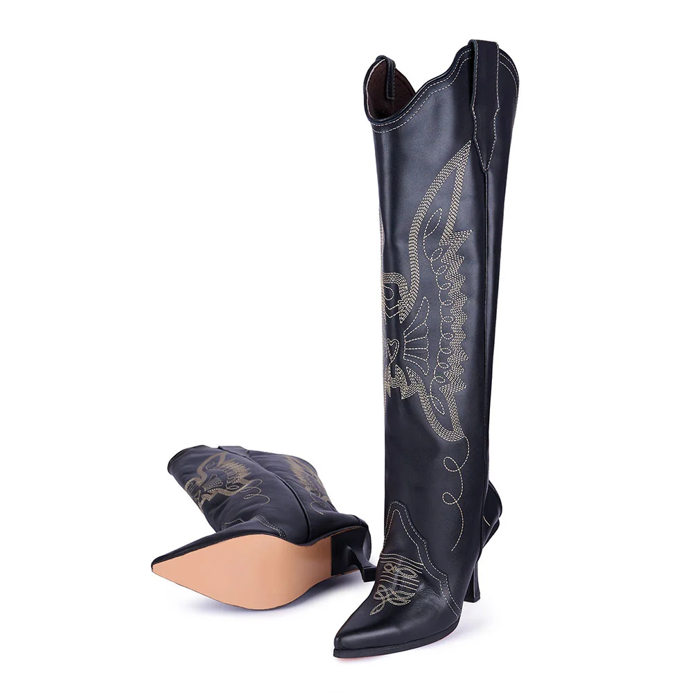 Black Pointed Toe Embroidered Flared Heel Knee-High Cowgirl Boots