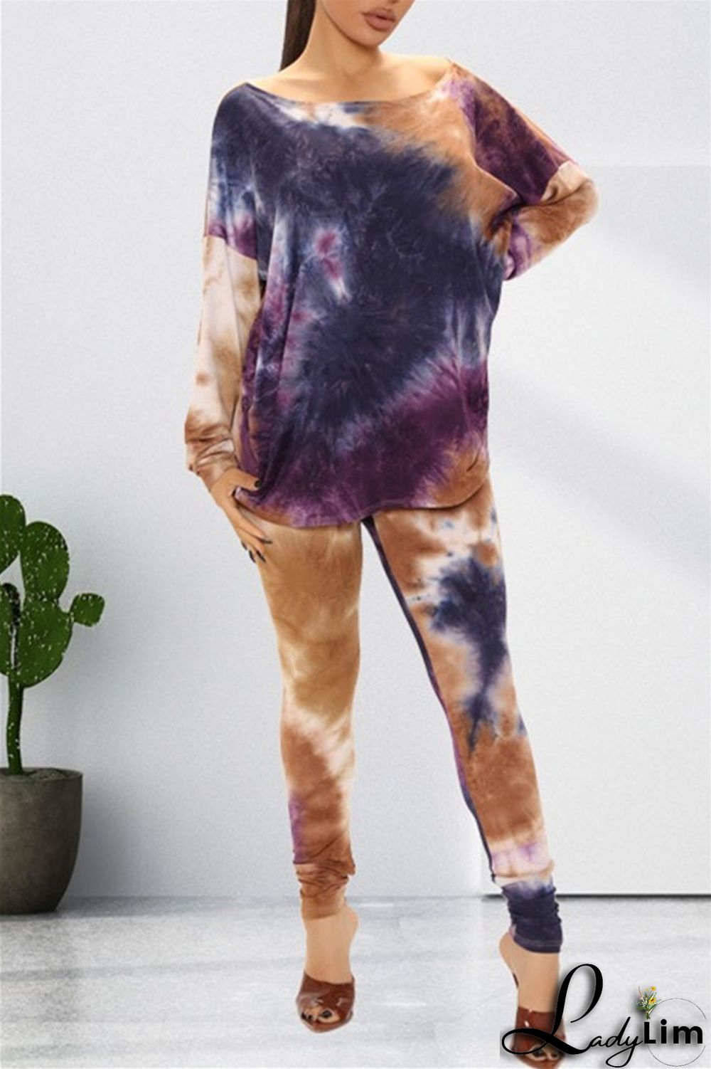 Light Coffee Fashion Casual Print Tie Dye Backless O Neck Long Sleeve Two Pieces