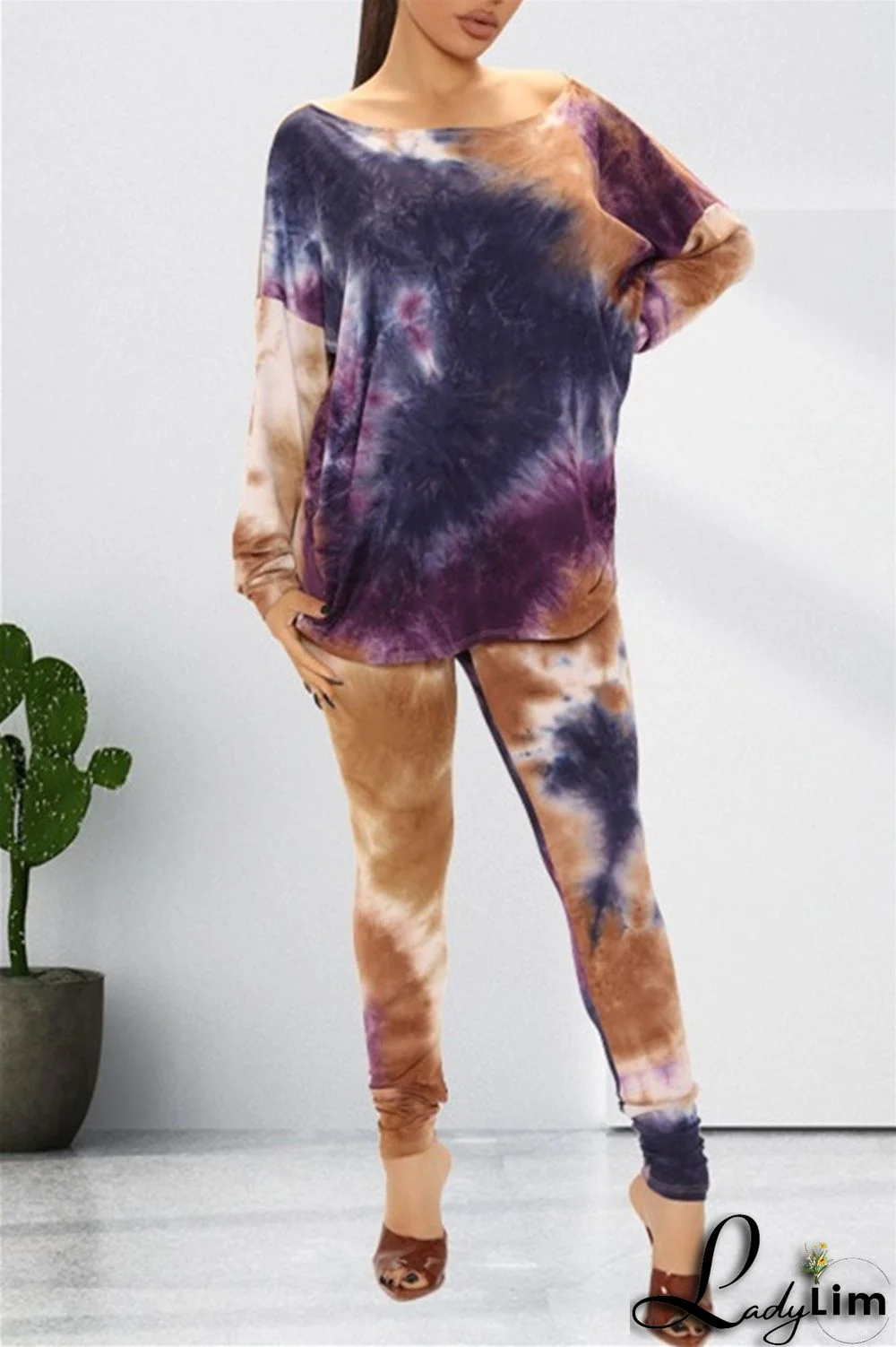 Light Coffee Fashion Casual Print Tie Dye Backless O Neck Long Sleeve Two Pieces