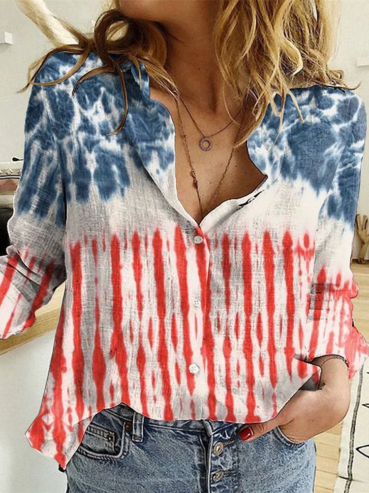 Women's 4th July Independence Day Patriotic Print Cotton Casual Blouse