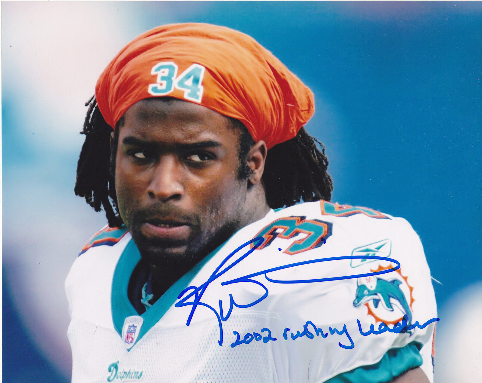 RICKY WILLIAMS MIAMI DOLPHINS 2002 RUSHING LEADER ACTION SIGNED 8x10