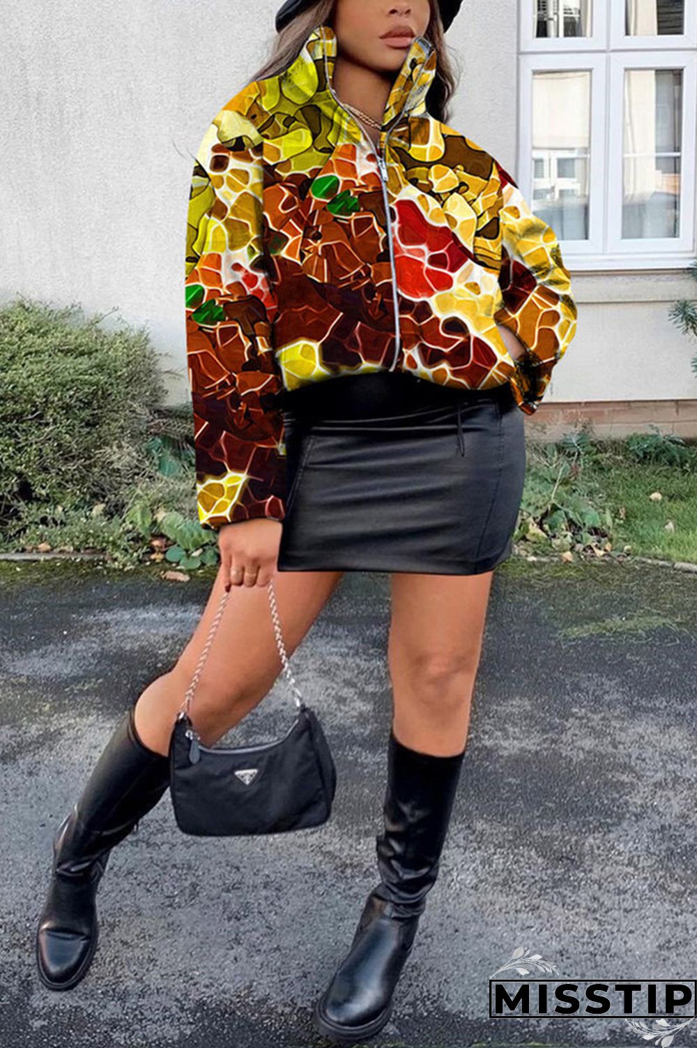 Cyanine Fashion Casual Print Basic Mandarin Collar Outerwear