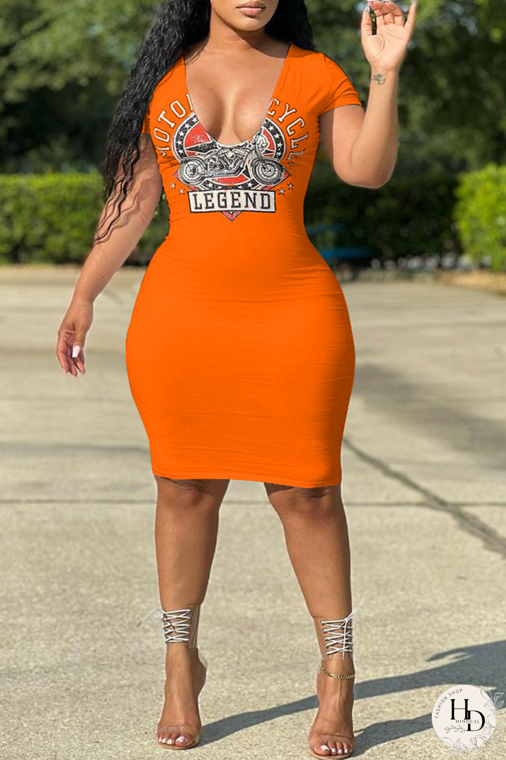 Tangerine Red Fashion Print Patchwork V Neck Pencil Skirt Dresses