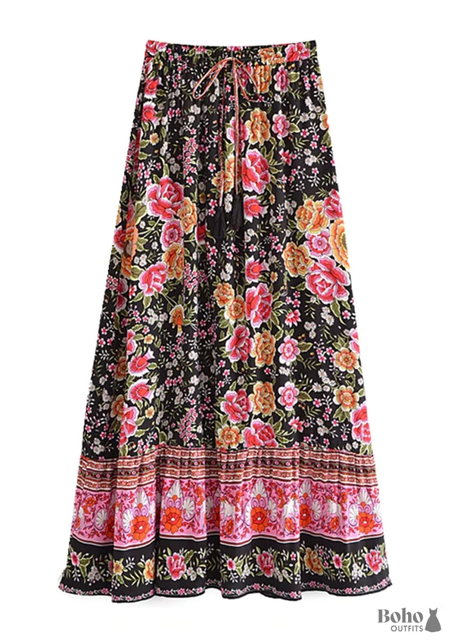 Boho Skirts in Eulalie Balck Pink Flower For Women