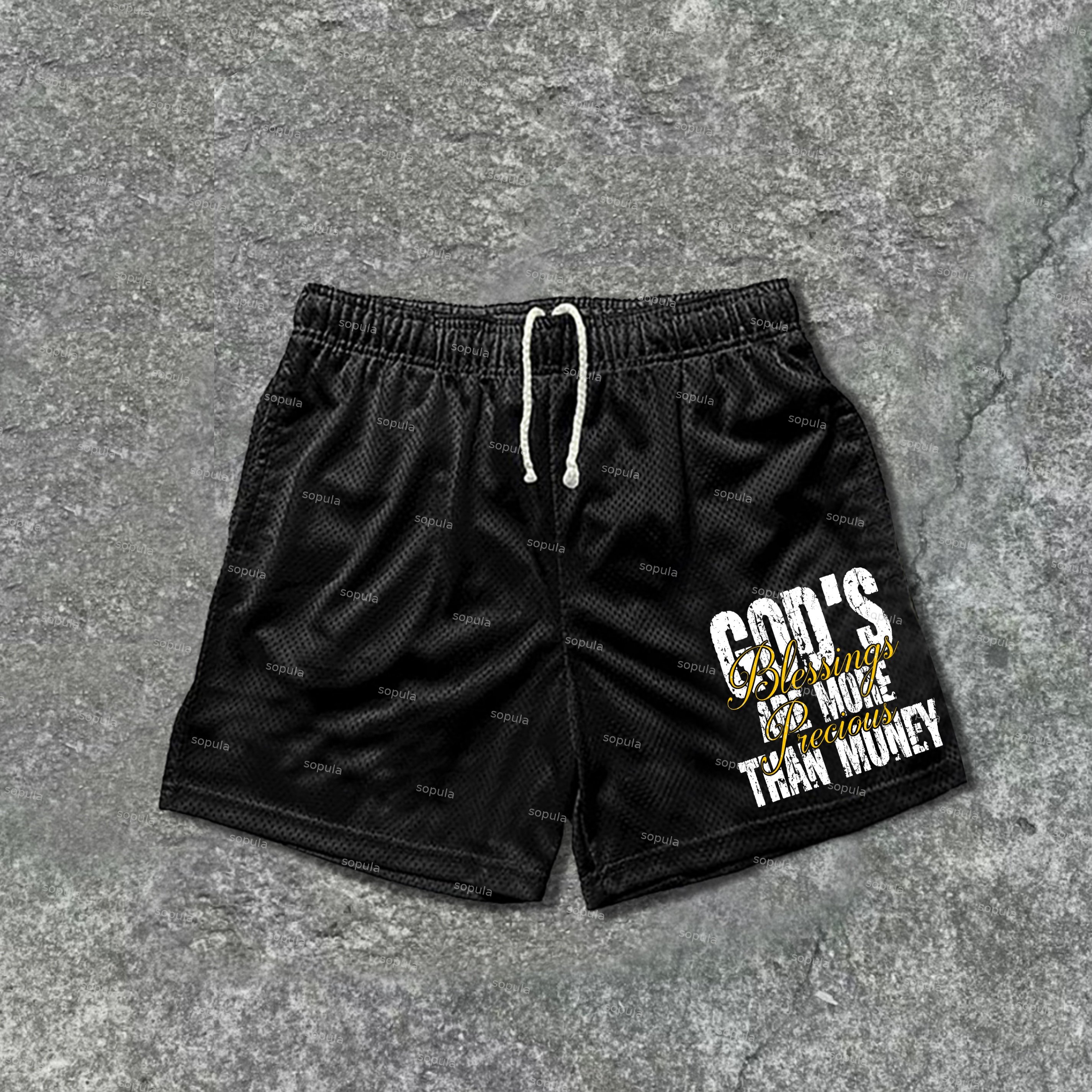 Sopula Men's Casual God's Blessing Phrase Mesh Drawstring Shorts