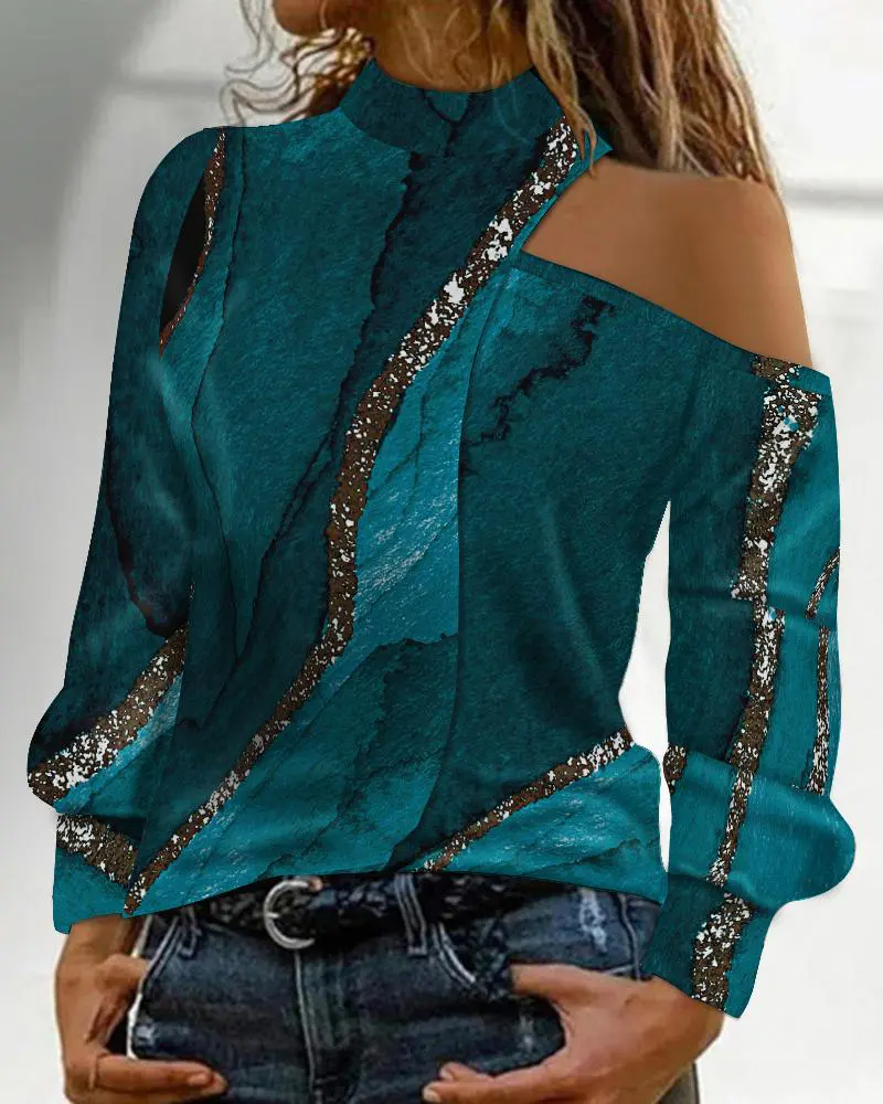 Ladies Irregular Marble Tie-dye Printed Long Sleeve Off Shoulder Top