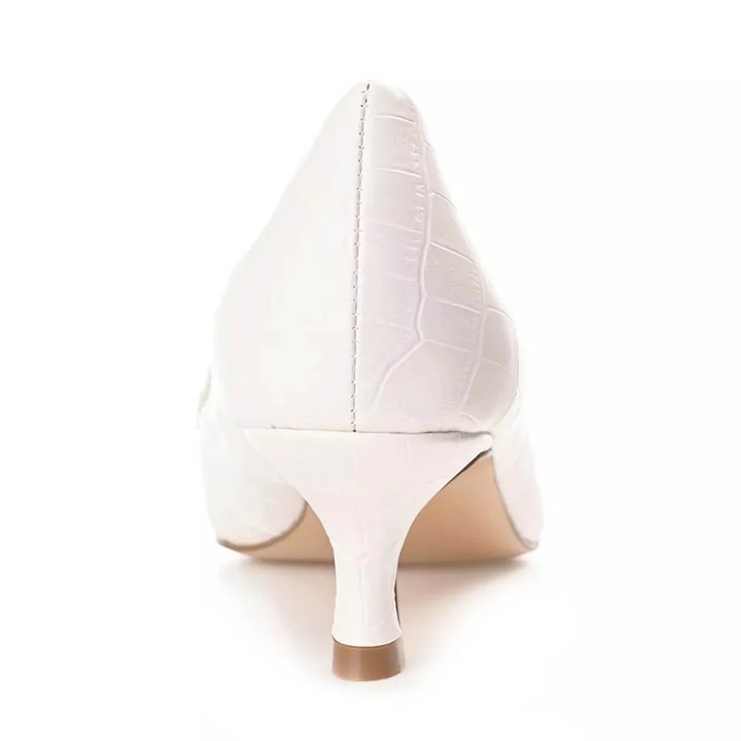 White Crocodile Embossed Square Toe Kitten Heel Women's Loafers