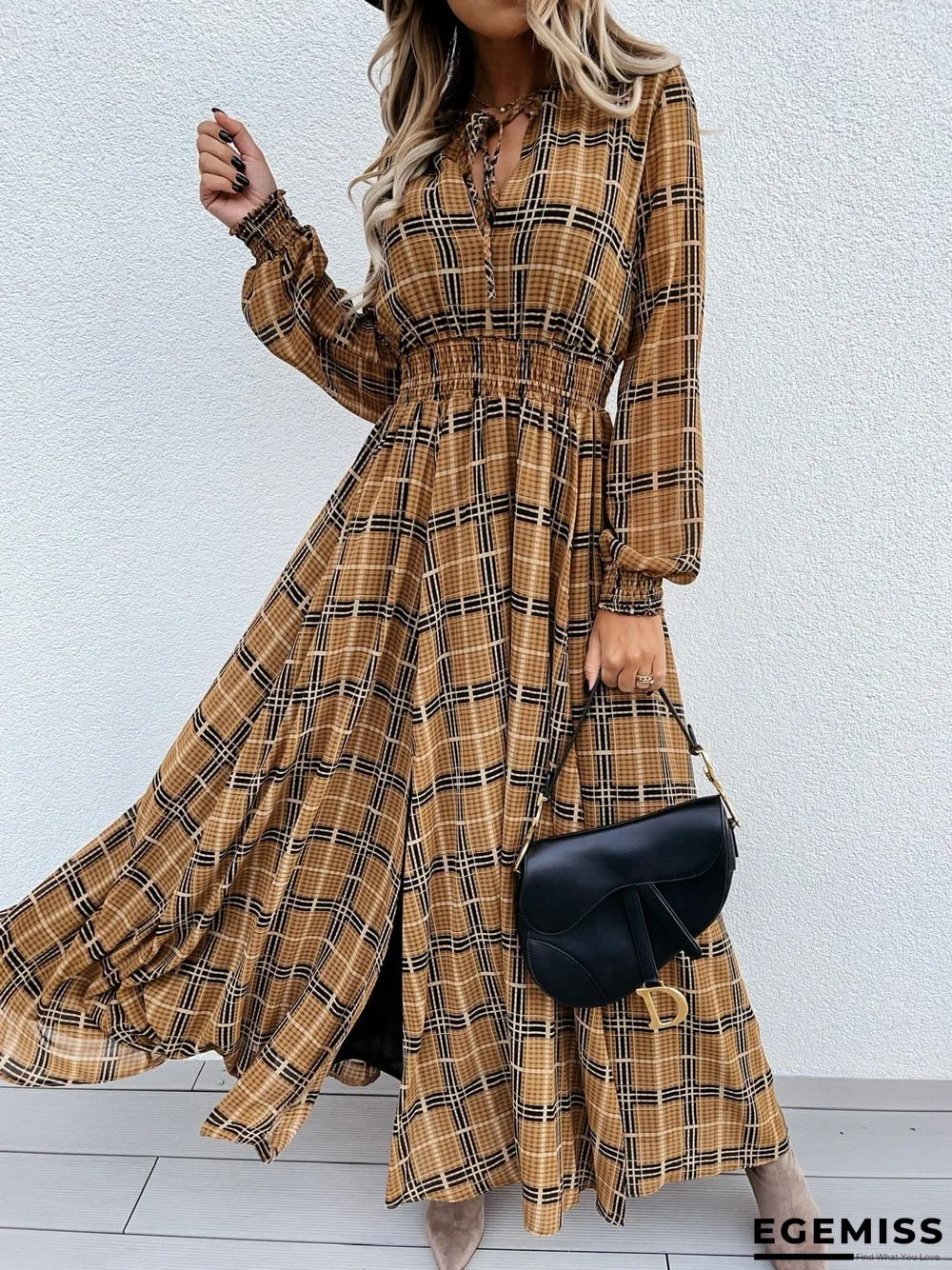 Printed Long Sleeve Waist Slit Dress | EGEMISS