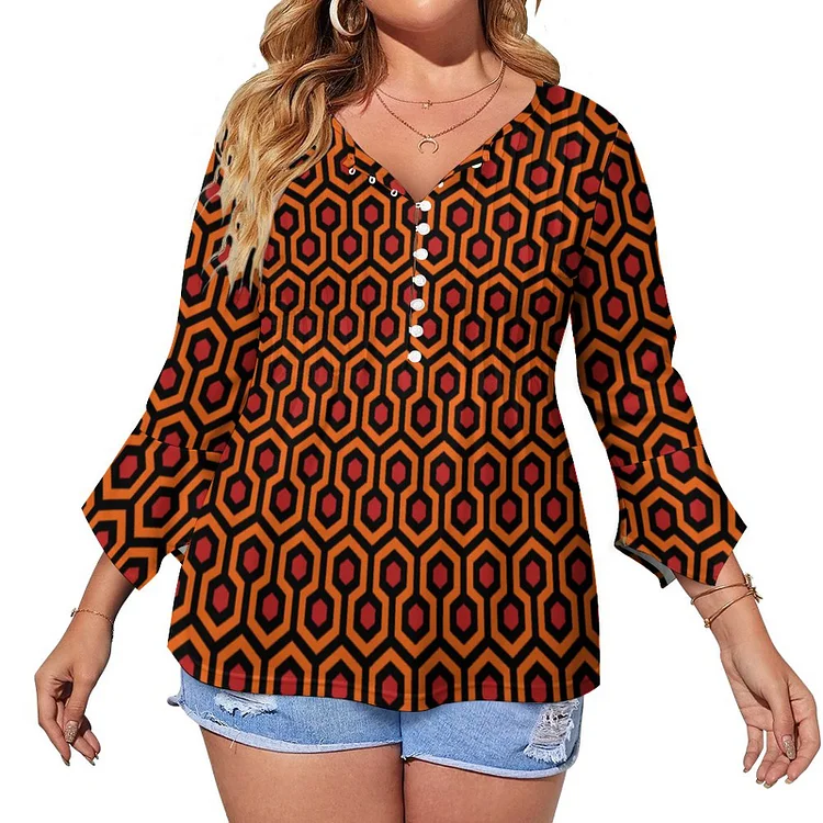 Orange Red Shining Iconic Hotel Carpet Button Popover Shirt Women mid sleeve Tunic Tops Loose Fit V neck Pleats Blouses - Heather Prints Shirts