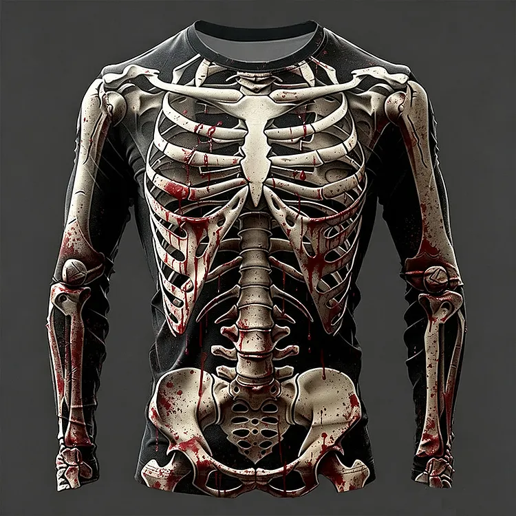 Men's Halloween Skull Print Crew Neck Long Sleeve Casual T-shirt