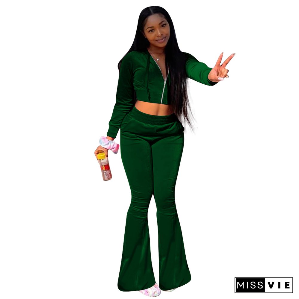 Velvet Solid Zipper Hooded Crop Tops Flare Pants Set