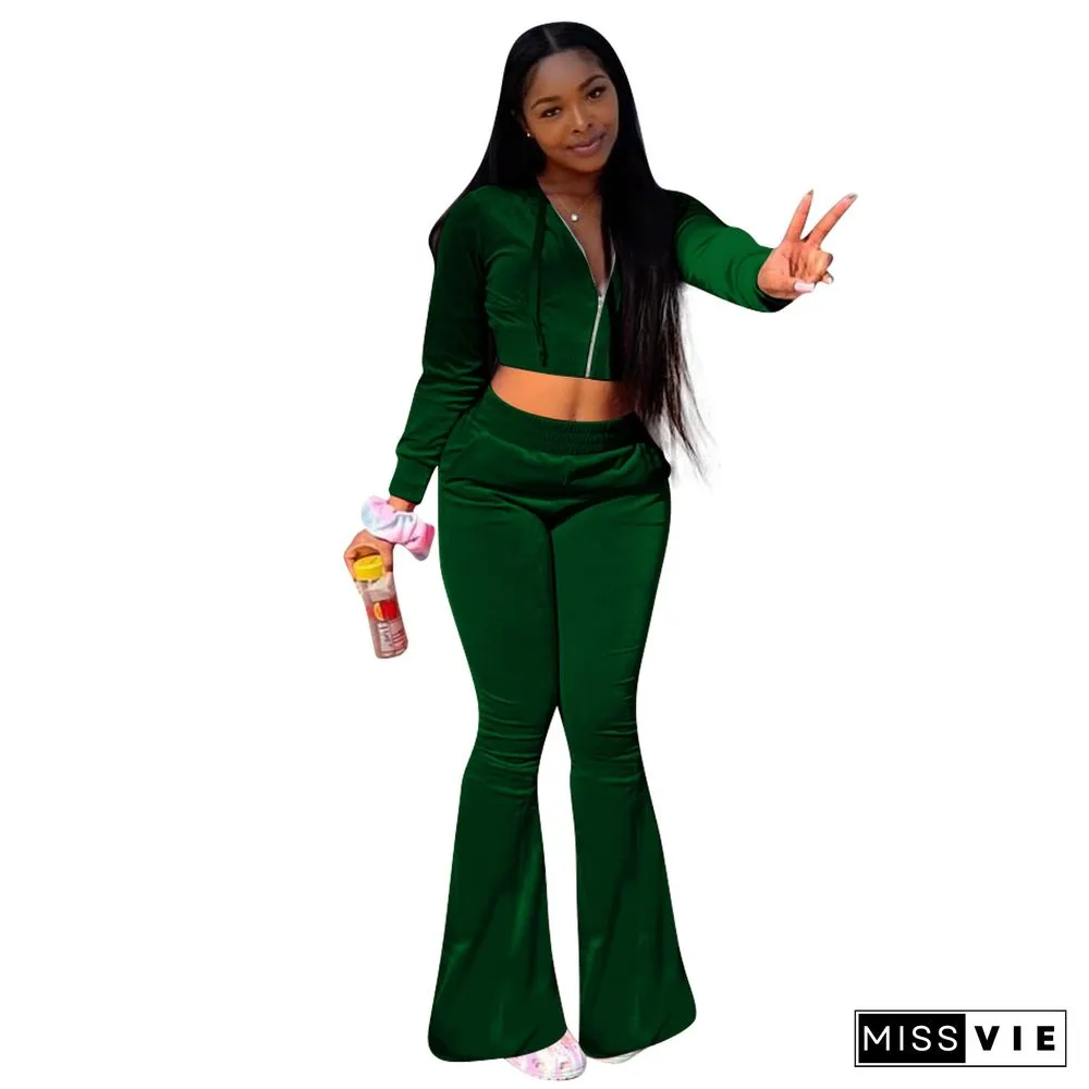 Velvet Solid Zipper Hooded Crop Tops Flare Pants Set