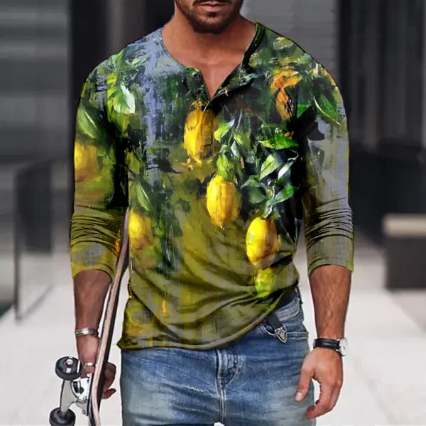 Men'S Lemon Tree Oil Painting Print Long Sleeve Henry T-Shirt