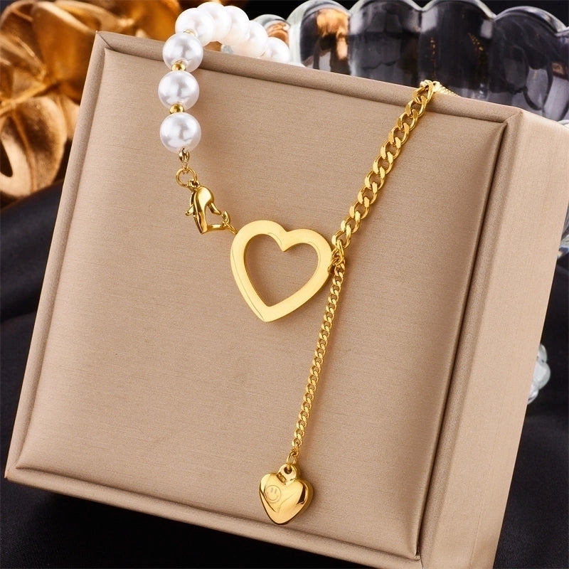 Fashion Heart Shape 304 Stainless Steel 18K Gold Plated Pearl Stainless Steel Necklaces