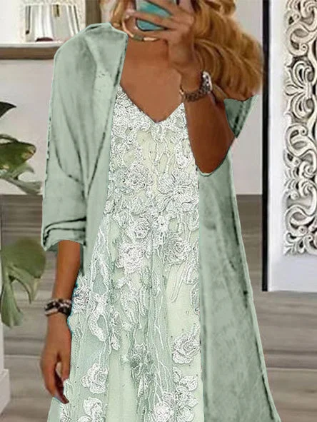 Women's Long Sleeve V-neck Floral Printed Two Pieces Maxi Dress