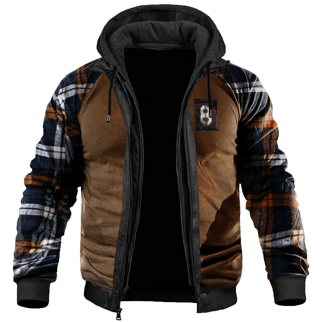 Men's Retro Outdoor Checkered Stitching Fleece Hooded  Jacket