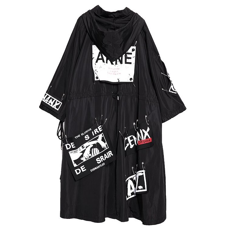 Street Solid Color Hooded Splicing Letter Printed Patch Drawstring Waist Long Sleeve Trench Coat