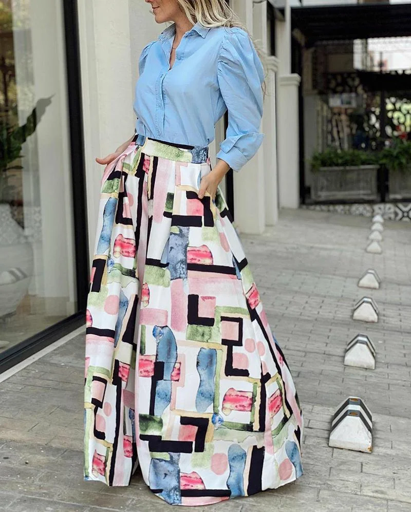 LAPEL SOLID COLOR TOP PRINT TROUSERS TWO-PIECE SET