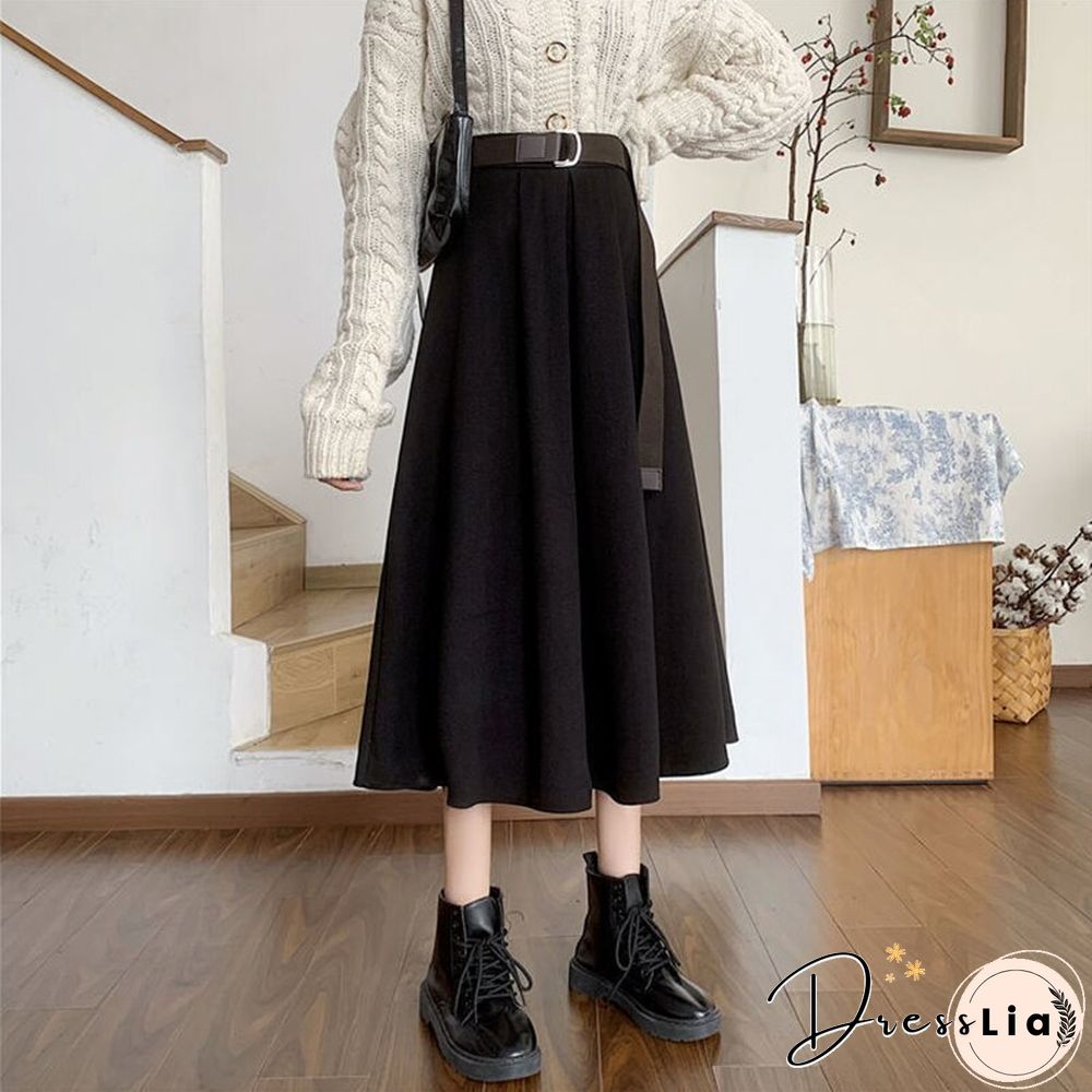 Solid Skirts Women Mid-calf High Waist Friends Korean Style Elegant College Spring Autumn All-match Jupe Mujer Faldas Female Ins