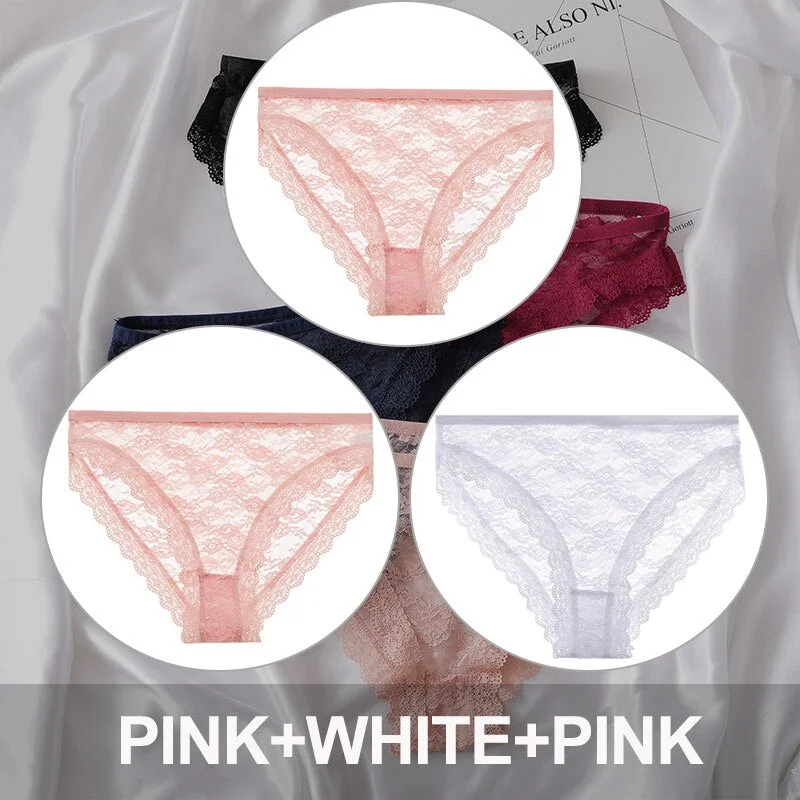 FINETOO 3PCS/Set Floral Lace Sexy Women Lingerie Panties M-2XL Plus Size Underpants Transparent Female Comfortable Briefs Girls