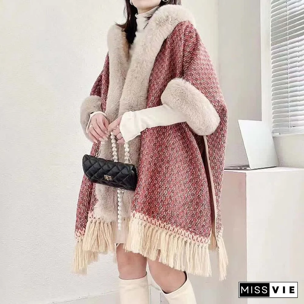 Plaid Print Furry Collar Fringed Casual Hooded Cloak Coat