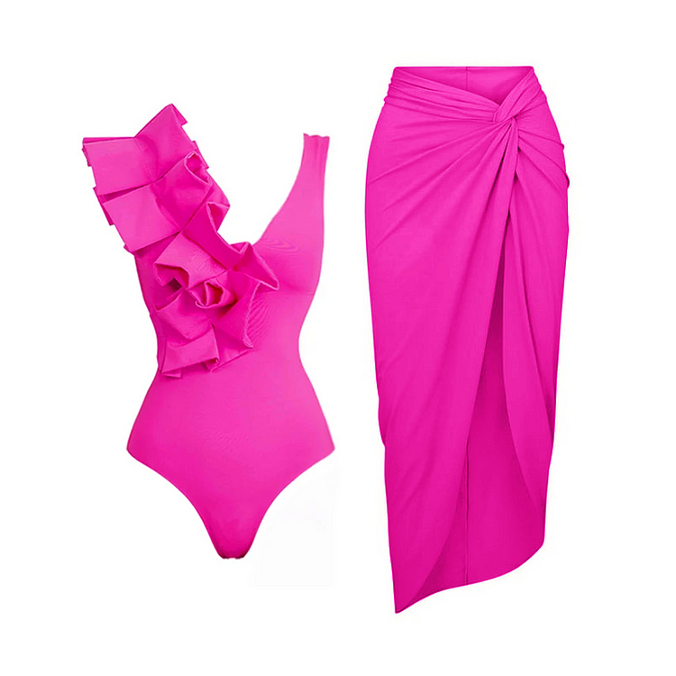 One Shoulder Fold Pink One Piece Swimsuit and Sarong