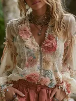 Women's Rose AppliquÉ Lace-trimmed V-neck Shirt