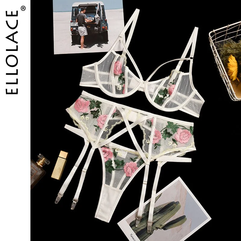 Ellolace Lingeie Women's Underwear Floral Embroidery Transparent Bralette Lingerie Set Sexy Female Underwear for Women Bra Set