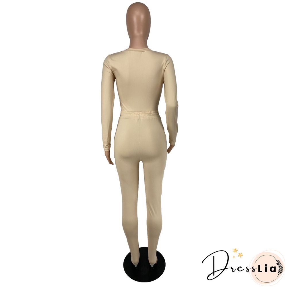 Solid Long Sleeve T Shirt Lace Up Pants Set