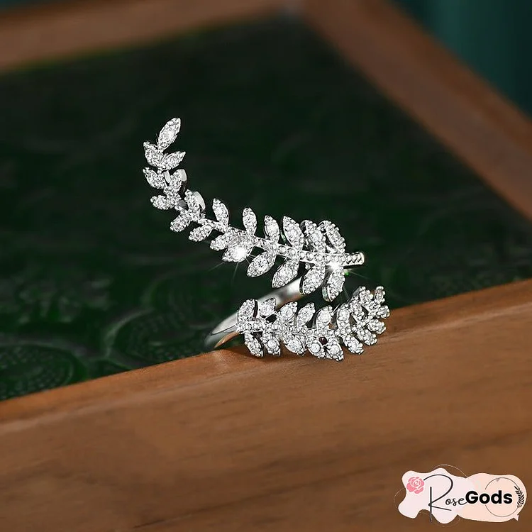 Micro-inlaid Diamond Fern Super Shiny Leaves Open Ring For Women