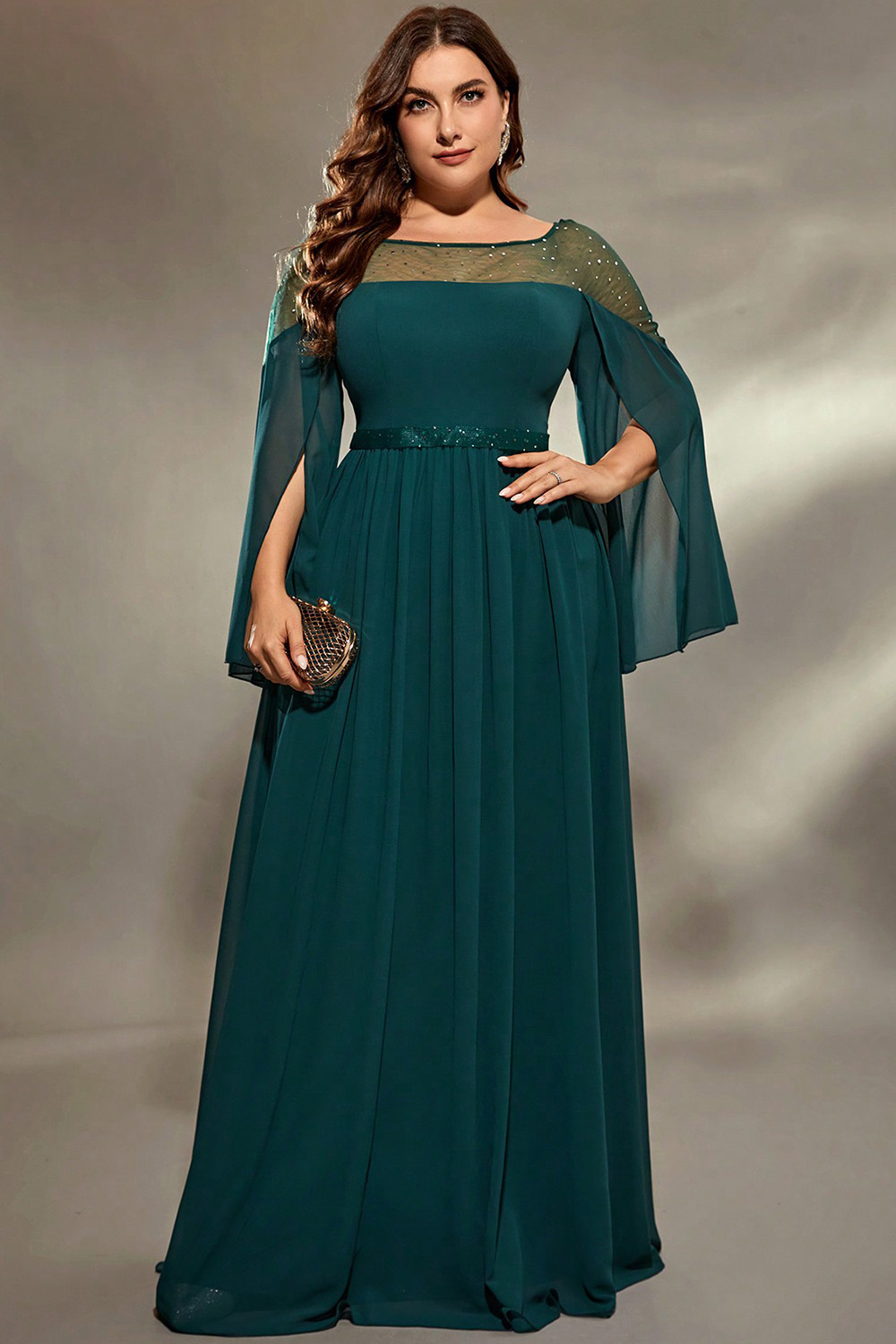 Plus Size Formal Dark Green Chiffon Mesh Slit Long Sleeve Maxi Dress 2024 - Flycurvy 