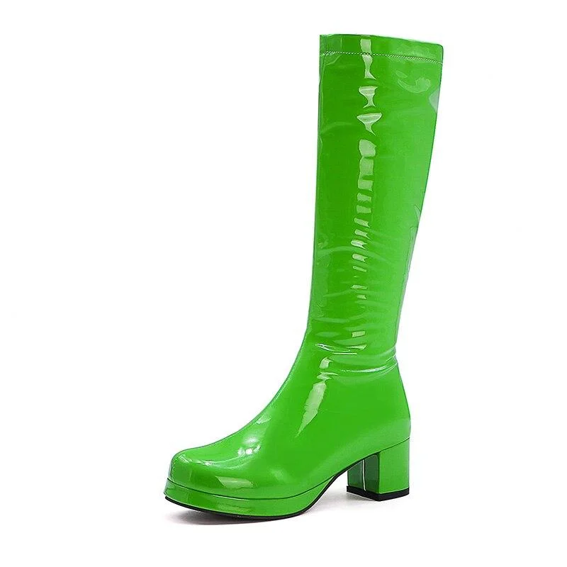 Gdgydh Women Patent Leather Boots 2021 Autumn Winter High Heel Platform Mid Calf Boots For Women Colorful Fashion Light PU Boots 1214