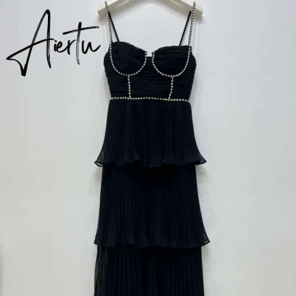 Top Quality Women Dress Early Autumn New  Light Luxury Black Blut Chiffon Pleated Cake Suspender Midi Dress Aiertu