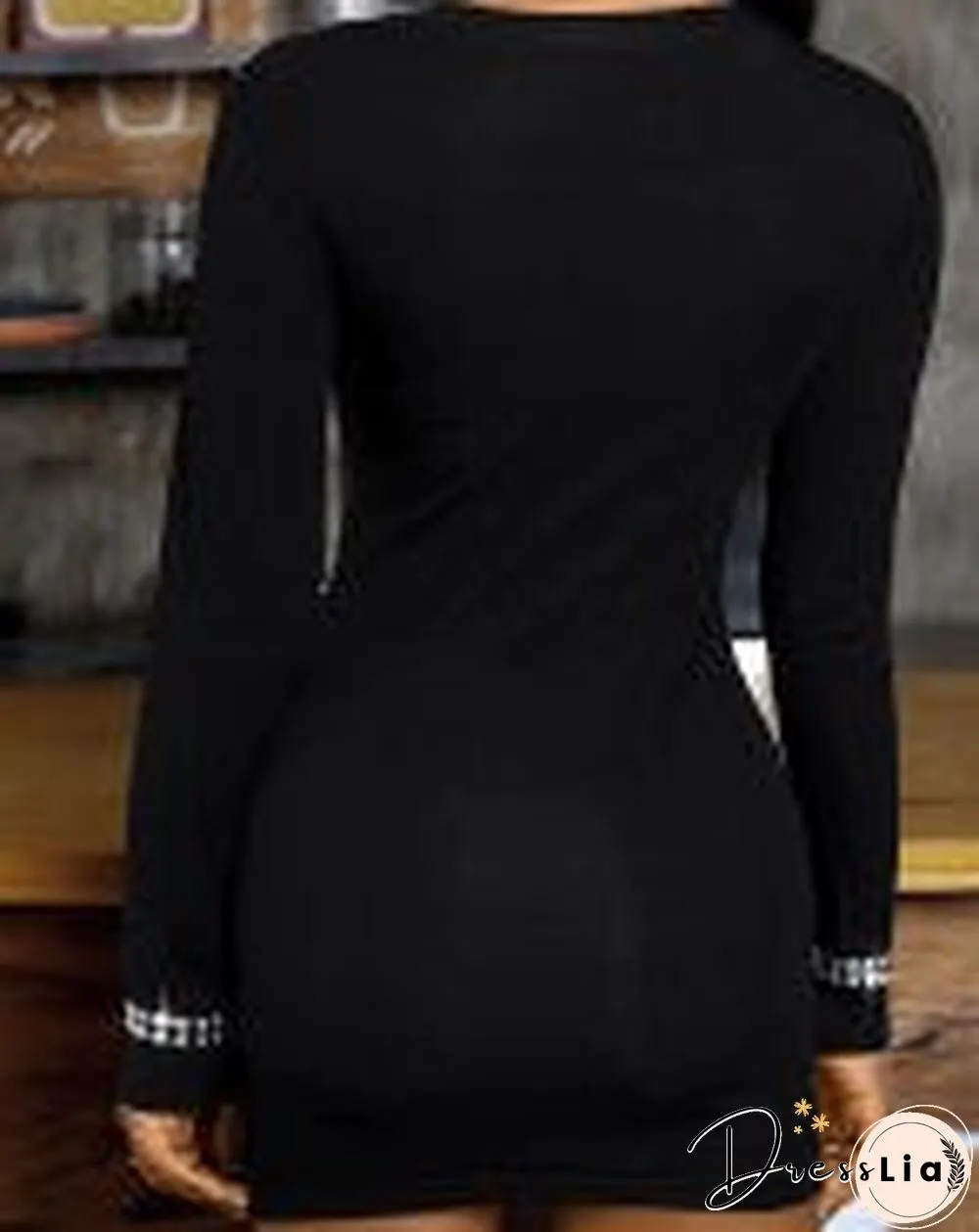 Cutout Rhinestone Decor Long Sleeve Bodycon Dress Black Dresses